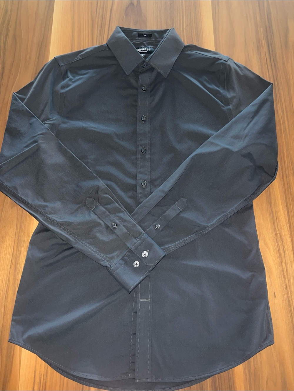 Express Men’s Black/Gray Long-Sleeve Dress Shirt, slim fit, size small.